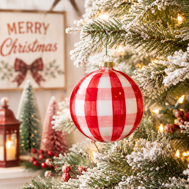 Raz 5" Red and White Gingham Ball Glass Christmas Ornament 4424516-2