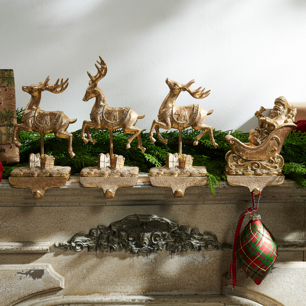 Raz 10.5" Gold Santa and Reindeer Stocking Holders 4511661