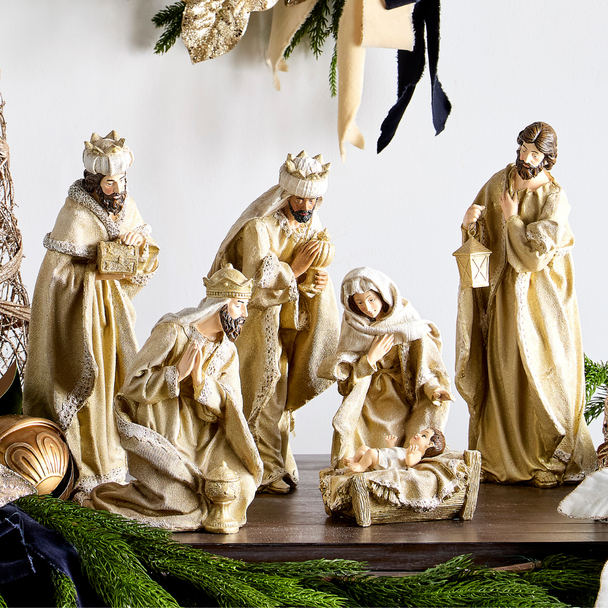 Raz 15.5" Gold Glittered Christmas Nativity Figure Set 4512172