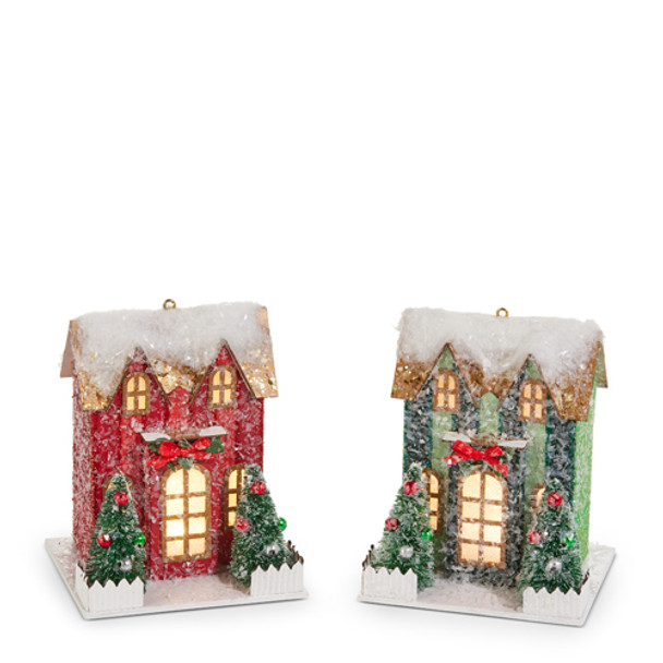Raz 4" Set of 2 Lighted Striped Paper House Christmas Ornament 4512531