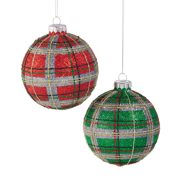 Raz 4" Red or Green Plaid Glitter Ball Glass Christmas Ornament 4520907