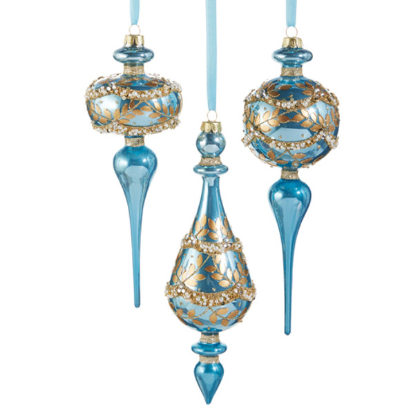 Raz 10" Gold Leaf Wrapped Blue Iridescent Finial Glass Christmas Ornament 4523009
