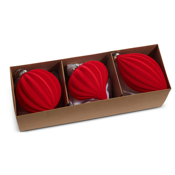 Raz 4" Red Flocked Glass Christmas Ornament Box of 3 4523011