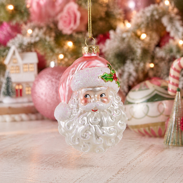 Raz 4" Pink Santa Head Glass Christmas Ornament 4552889-2