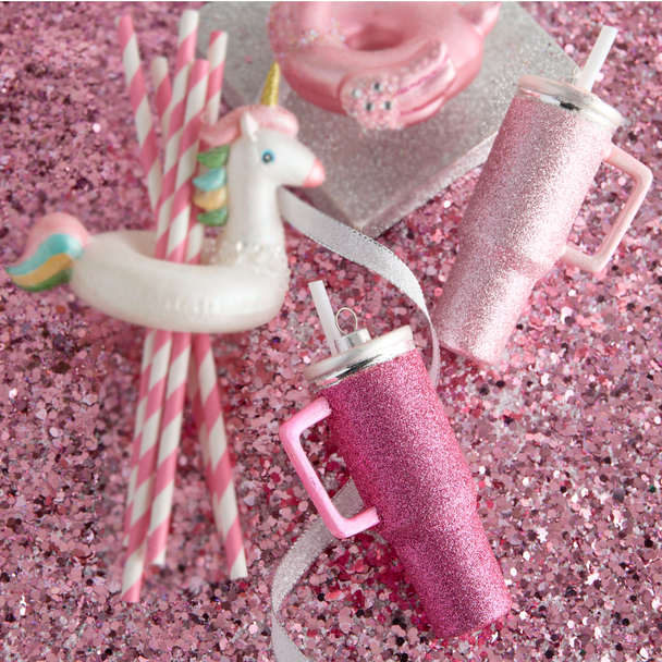 Raz 5" Set of 2 Pink Disco Tumbler Cup Glass Christmas Ornament 4552943