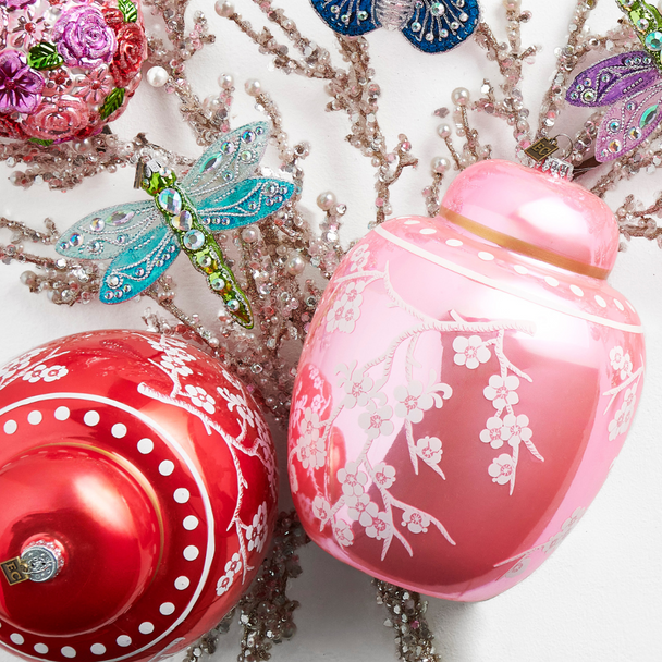 Raz Eric Cortina 8" Large Pink or Red Floral Ginger Jar Glass Christmas Ornament 