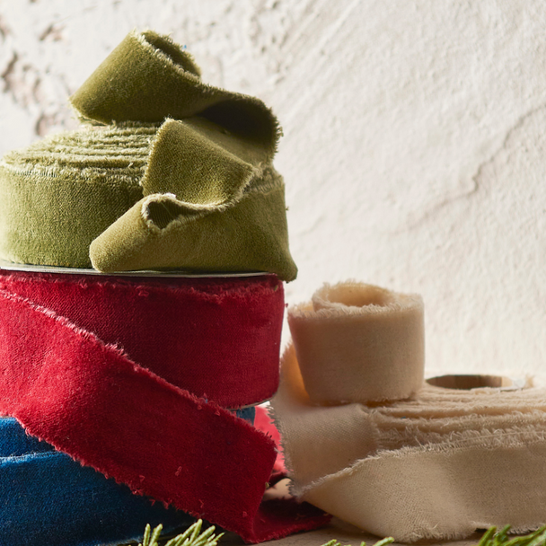 Raz 2.5" Red, Green, or Ivory Torn Edge Velvet Unwired Christmas Ribbon  Raz 2.5" Red, Green, or Ivory Torn Edge Velvet Unwired Christmas Ribbon