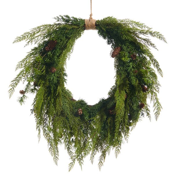 Raz 27" Oval Cedar and Mini Pinecone Real Feel Christmas Wreath W4511582 Raz 27" Oval Cedar and Mini Pinecone Real Feel Christmas Wreath W4511582