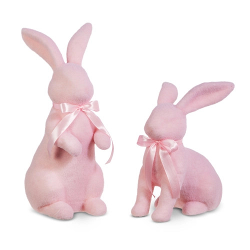 Raz 15.25" Pastel Pink Flocked Easter Bunny Figures Set of 2 4453349