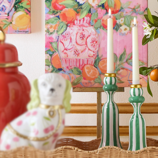 Raz 10" Set of 2 Green Stripe Candlesticks 4610245