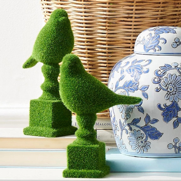 Raz 9.75" Moss Birds on Pedestal Spring Decor 4611171
