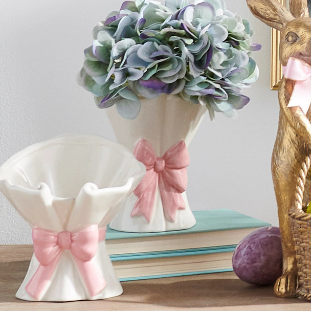 Raz 6.25" or 8.5" White Planter Pink Bow Spring Decoration