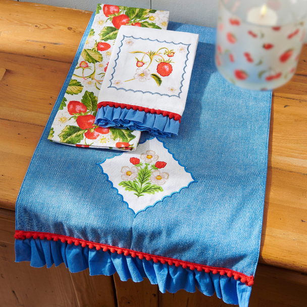 Raz 26" Strawberry Vine Blue Tea Towels or 72" Blossom Trellis Table Runner Summer Table Decor
