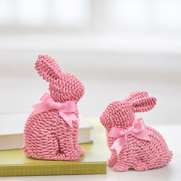 Raz 5.25" Pink Woven Easter Bunnies with Bows Decoration 4511175-2