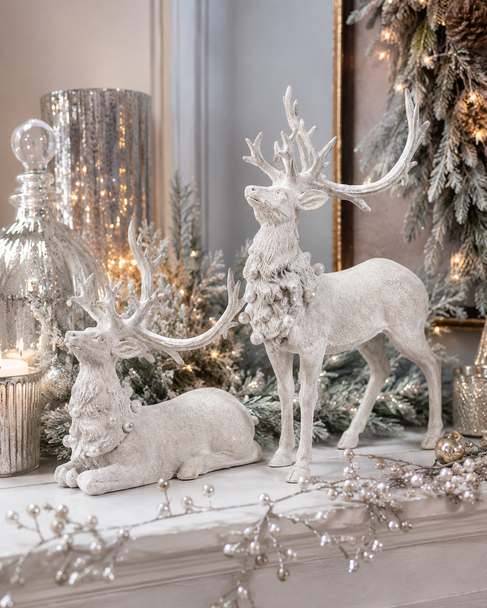 Raz Set of 2 14.5" Whitewashed Glitter Deer Christmas Figure 4511384-2