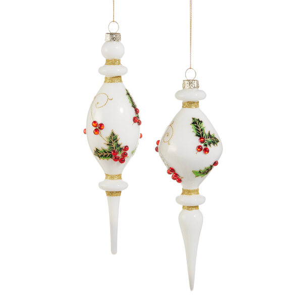 Raz 8" Set of 2 Holly Pattern Finial Glass Christmas Ornament 4520893