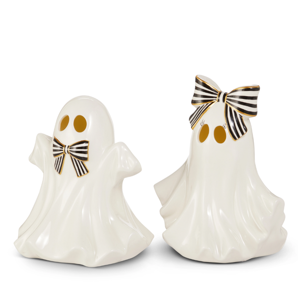Raz 9.5" Lighted Ghosts with Bows Set of 2 Halloween Figures 4617755