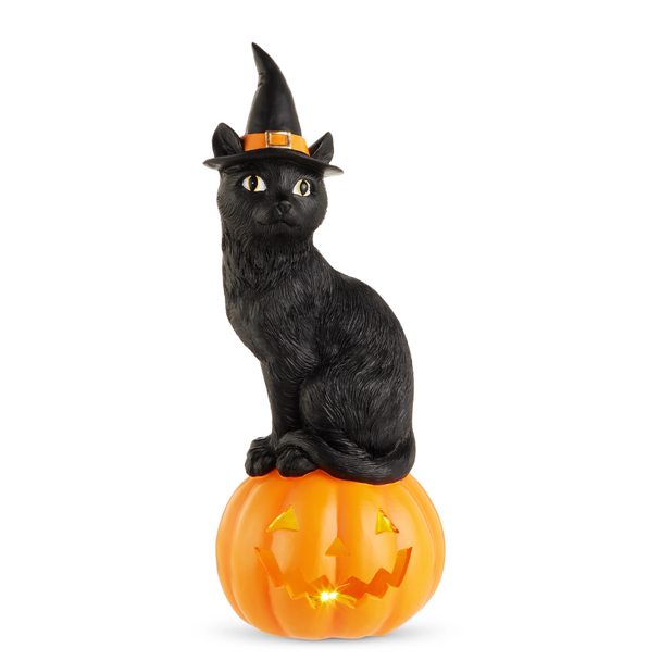 Raz 16.5" Black Cat on Lighted Jack-O-Lantern Halloween Decoration 4617756