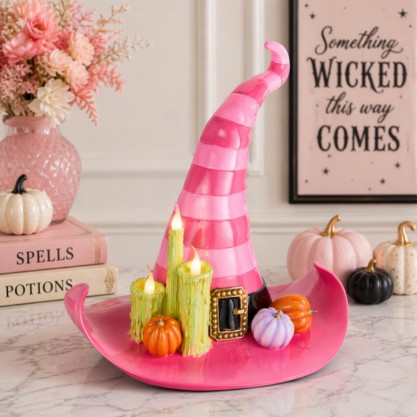Raz 16" Lighted Pink Witch Hat with Candles Halloween Decoration 4657625-2