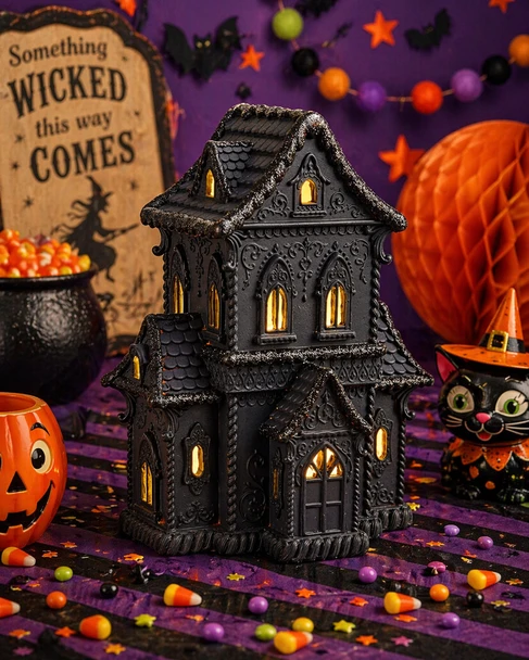 Raz 14.5" Lighted Black Haunted Gingerbread House Halloween Decoration 4657643-2