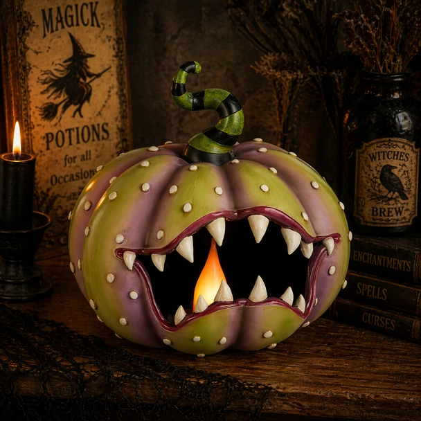 Raz 12" Lighted Ghoulish Pumpkin with Candle Halloween Decoration 4657646-2