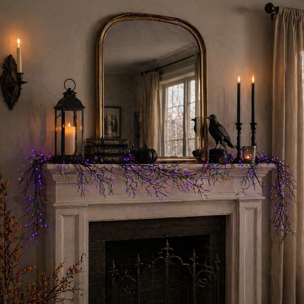 Raz 6' Halloween Purple Lighted Black Garland G4500900