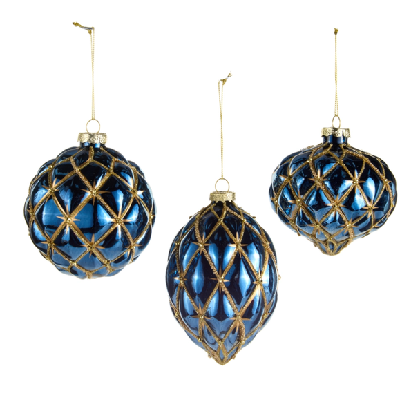 Raz 4" Set of 3 Blue and Gold Harlequin Glass Christmas Ornament 4622958
