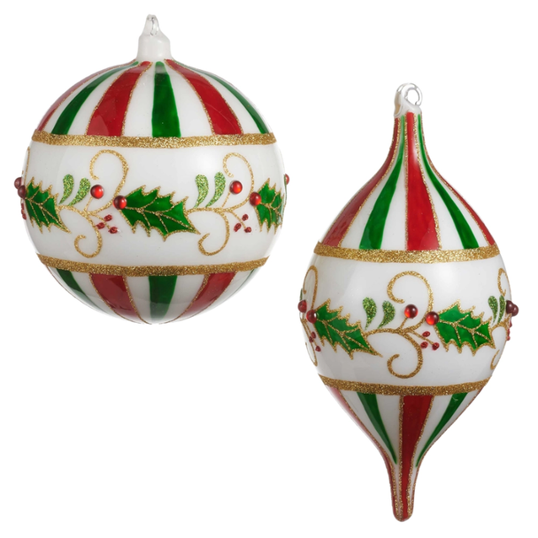Raz 6" Large Holly and Stripe Glass Christmas Ornament