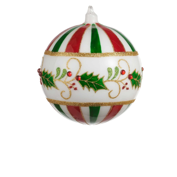 Raz 6" Large Holly and Stripe Glass Christmas Ornament -3