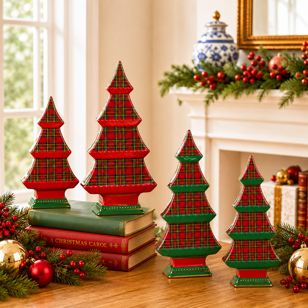 Raz Red and Green Plaid Tabletop Christmas Tree Sets -4