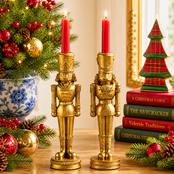 Raz 10" Set of 2 Gold Nutcracker Christmas Candlesticks Holders 4611384-2