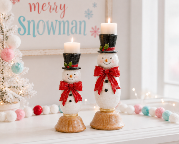 Raz 10.5" Snowman with Bows Christmas Candlestick Holders 4611385-2