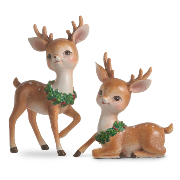 Raz 7.5" Set of 2 Baby Deer with Wreath Christmas Decoration 4611397 -2