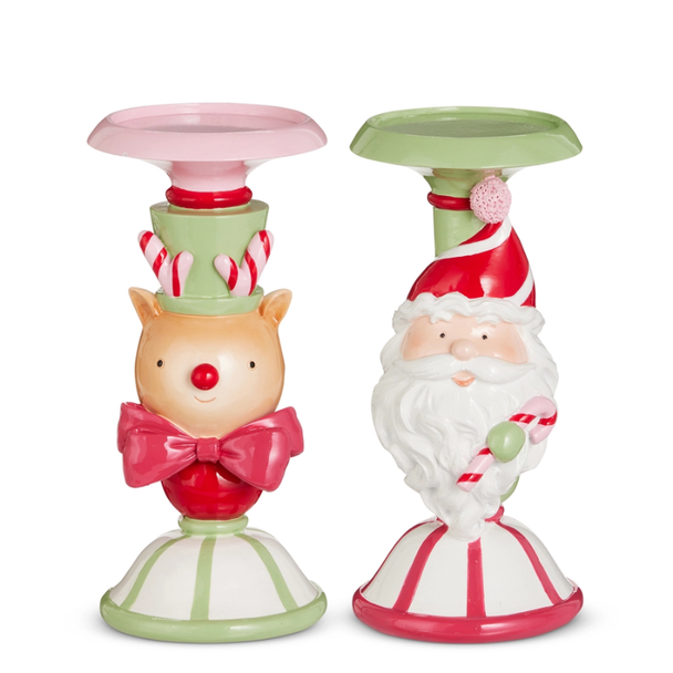 Raz 8.75" Set of 2 Santa and Reindeer Christmas Candle Holders 4611608
