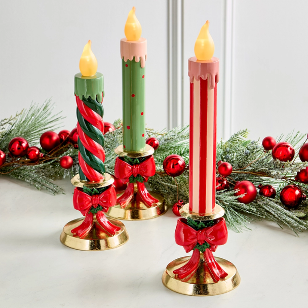 Raz 15" Lighted Christmas Candles on Gold Bow Base 4611794
