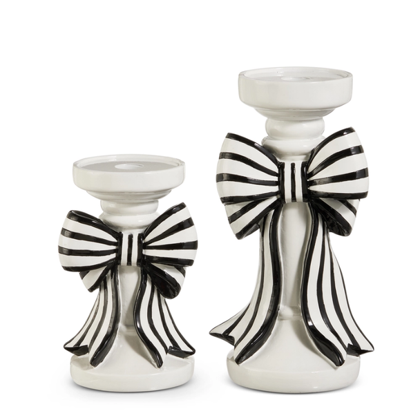 Raz 10" Black and White Stripe Bow Christmas Candle Holders 4612141