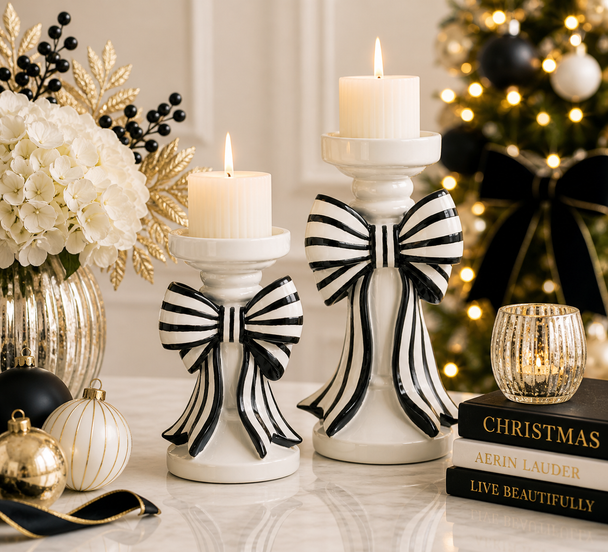 Raz 10" Black and White Stripe Bow Christmas Pillar Candle Holders 4612141