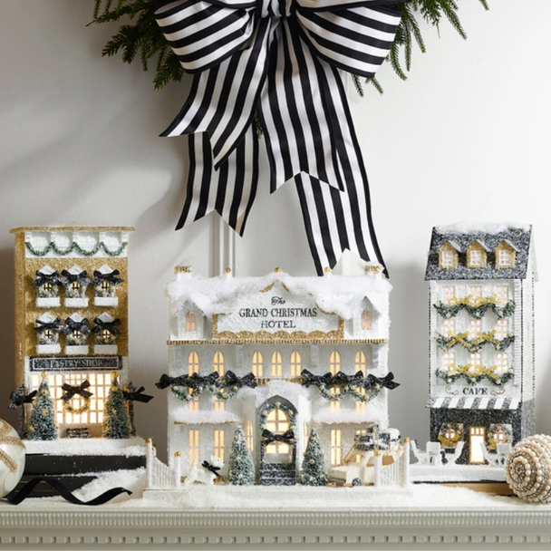 Raz Black, White, and Gold Lighted Paper Houses Christmas Decoration