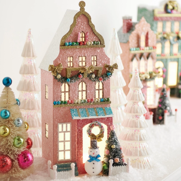 Raz 15" Pink Lighted Paper House Christmas Decoration 4615531