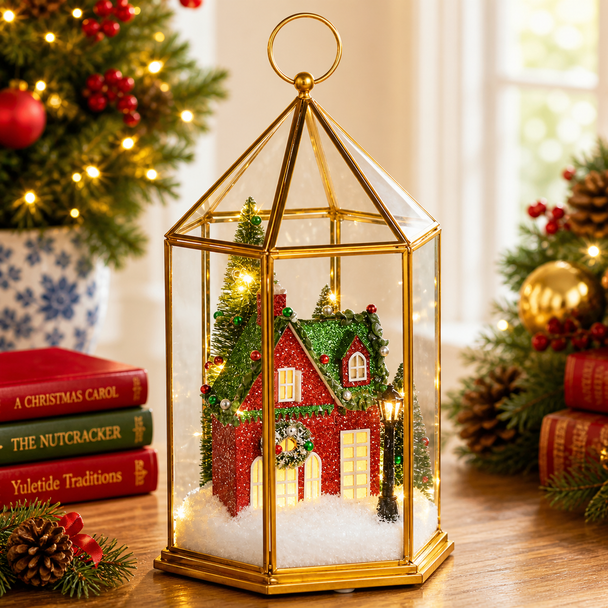 Raz 11.5" Lighted Christmas House Terrarium Decoration 4615556-2