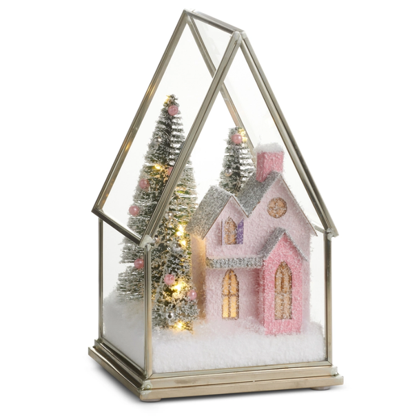 Raz 8.5" Lighted Pink House Terrarium Figure Christmas Decoration 4615557