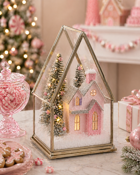 Raz 8.5" Lighted Pink House Terrarium Figure Christmas Decoration 4615557-2