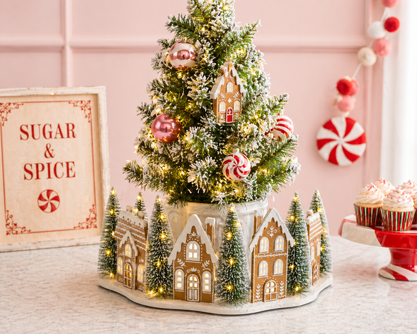 Raz 20" Lighted Gingerbread Village Half Tree Collar Christmas Decoration 4616135-2