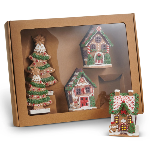 Raz 8" Box of Lighted Gingerbread Houses and Trees Christmas Decor 4616164