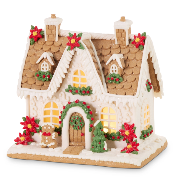 Raz 10" Lighted Poinsettia Gingerbread House Christmas Home Decoration 4616399