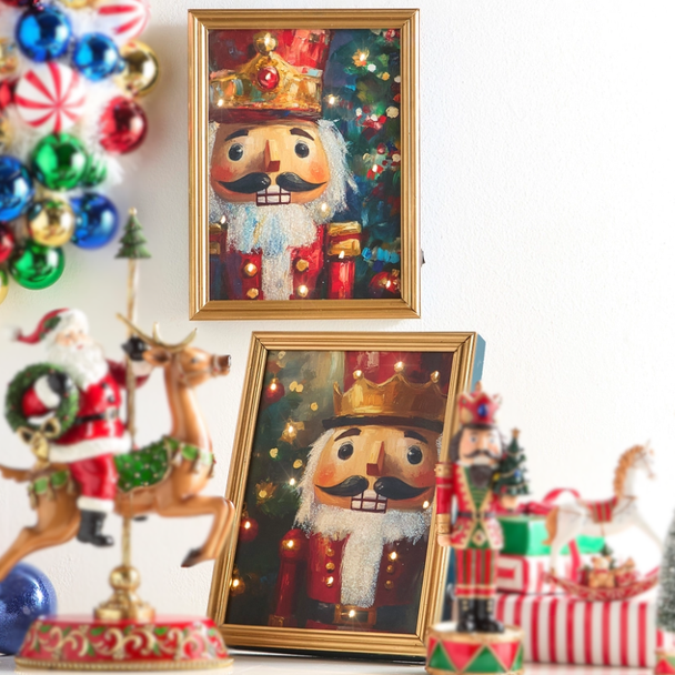 Raz 14" Set of 2 Framed Holiday Nutcracker Lit Canvas Print Christmas Wall Decor 4616450