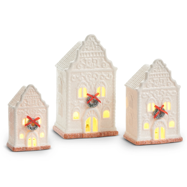 Raz 7.75" Lighted White Porcelain Christmas Houses Set of 3 4619100