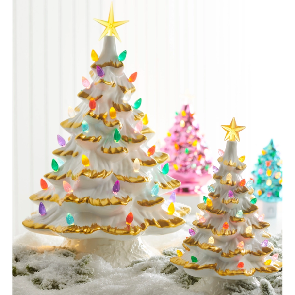 Raz 9" or 15" White and Gold Lighted Ceramic Tree Vintage Christmas Decoration 