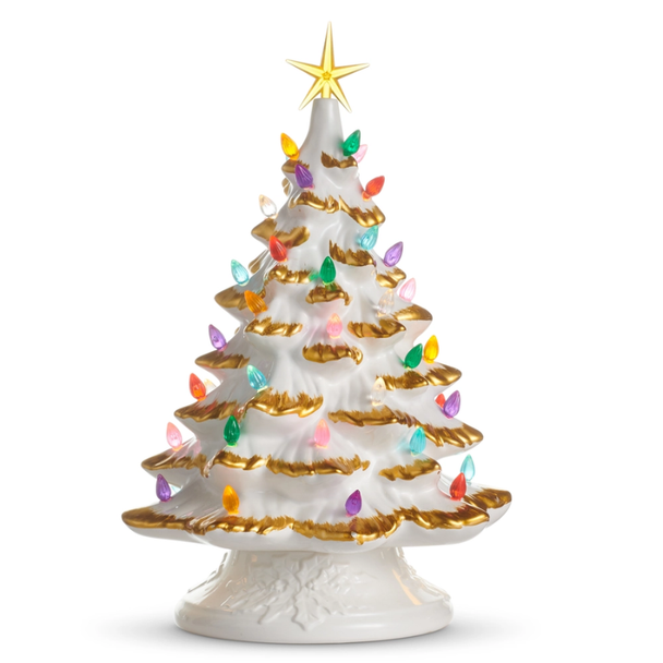 Raz 9" or 15" White and Gold Lighted Ceramic Tree Vintage Christmas Decoration -3