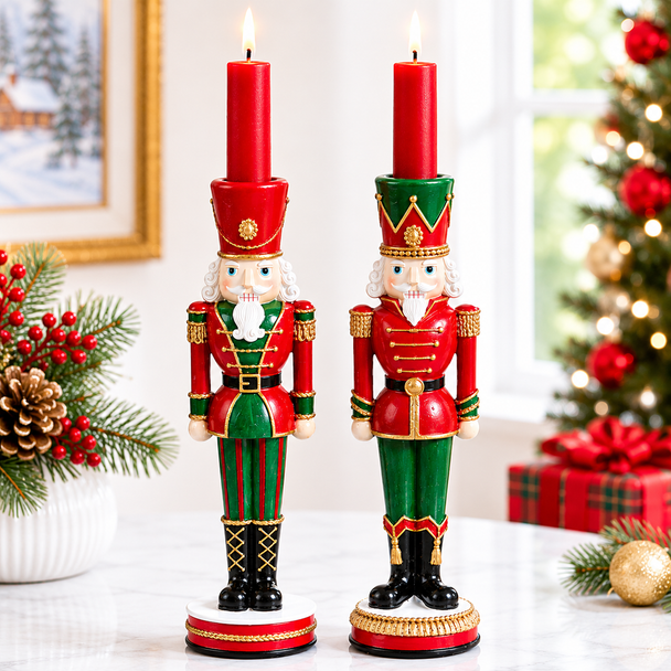 Raz 10" Red and Green Nutcracker Christmas Candlestick Holders 4630533-2